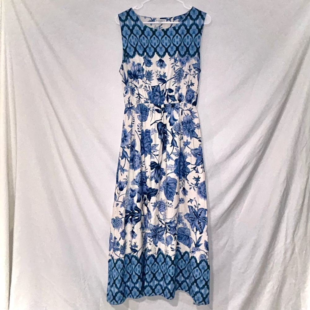 Le Ragazze Italy Blue White Floral Toile Linen Blend Sleeveless Midi Dress